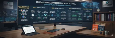 Profesional trabajando en su laptop junto a una interfaz de chat que muestra una conversación con un asistente de IA