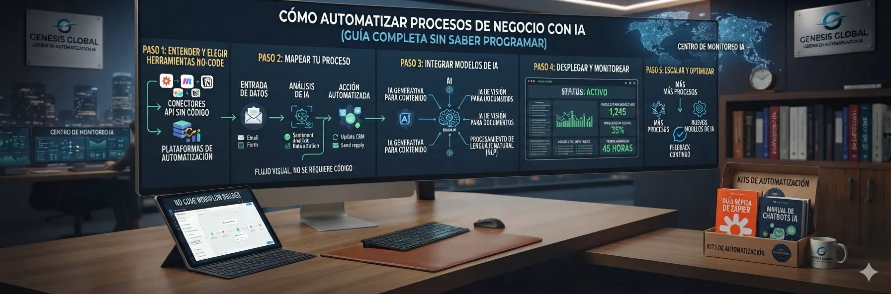 Profesional trabajando en su laptop junto a una interfaz de chat que muestra una conversación con un asistente de IA