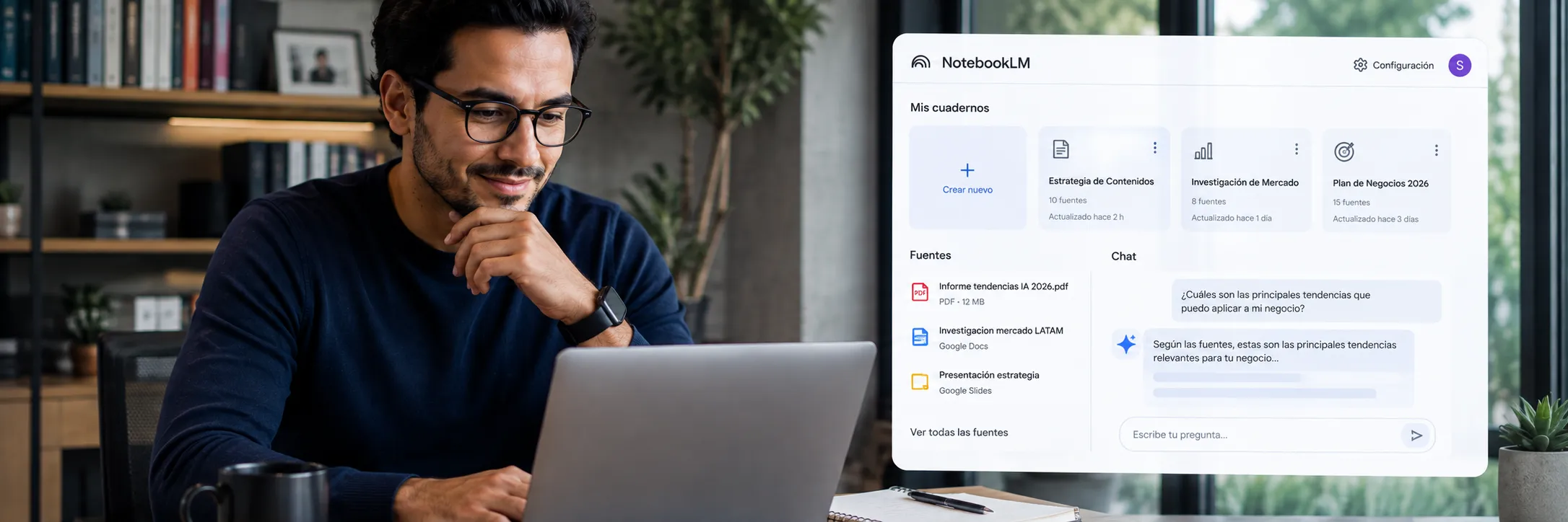 Profesional trabajando en su laptop junto a una interfaz de chat que muestra una conversación con un asistente de IA