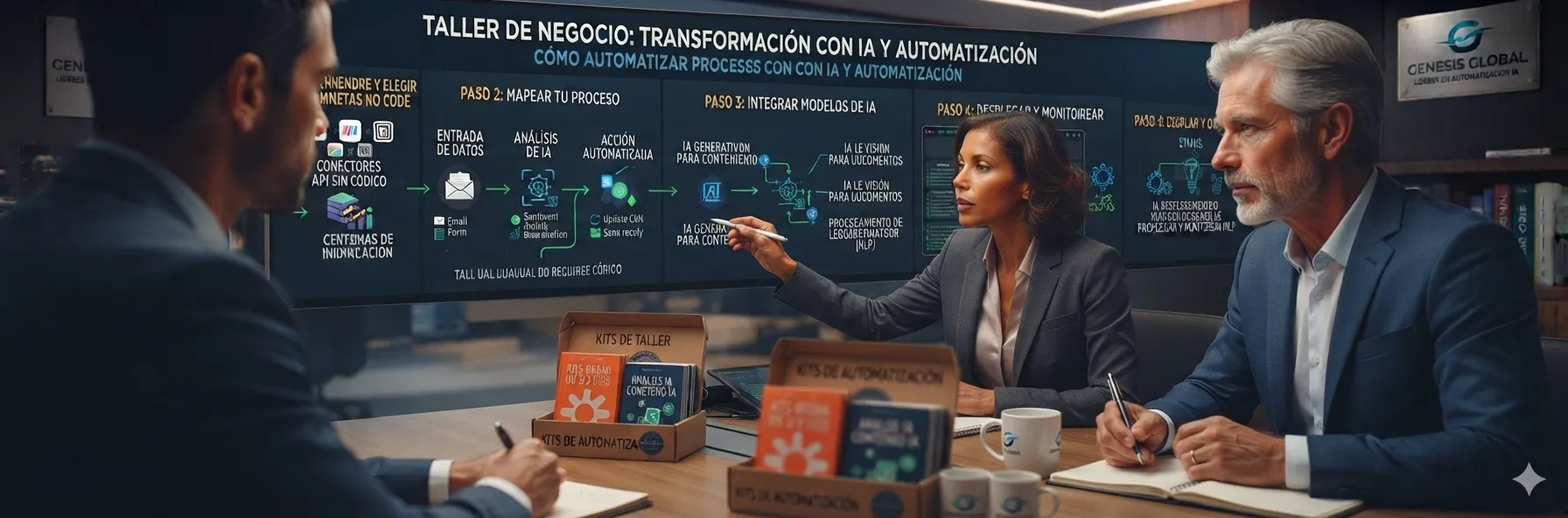 Profesional trabajando en su laptop junto a una interfaz de chat que muestra una conversación con un asistente de IA