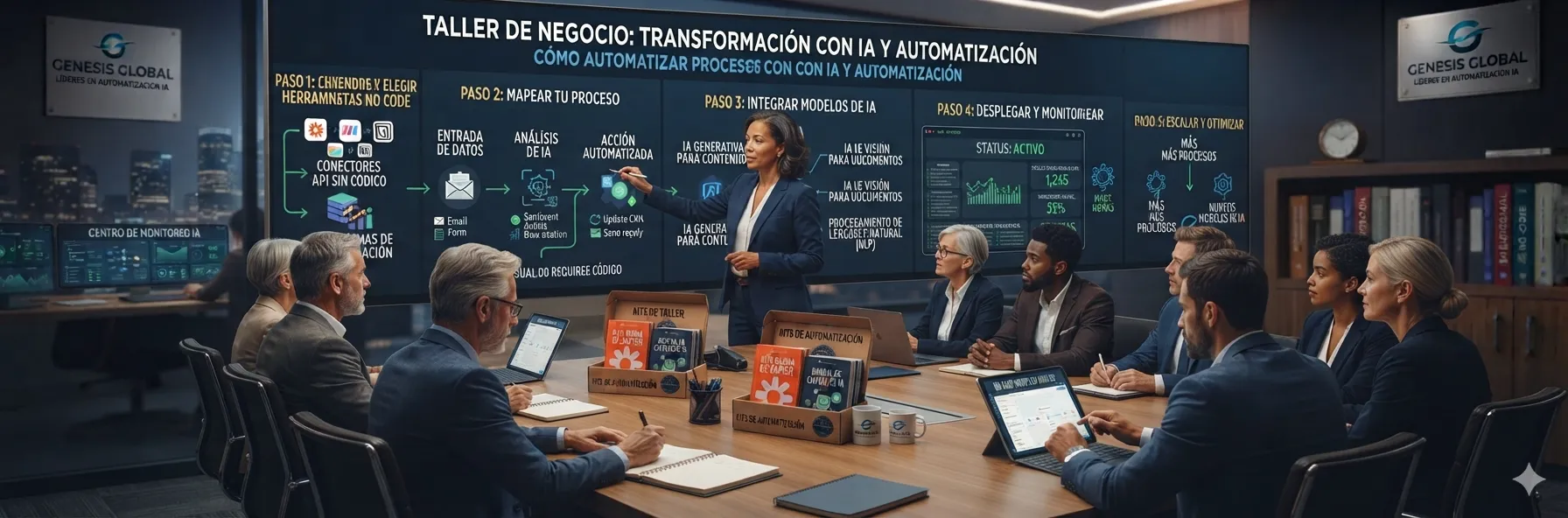 Profesional trabajando en su laptop junto a una interfaz de chat que muestra una conversación con un asistente de IA