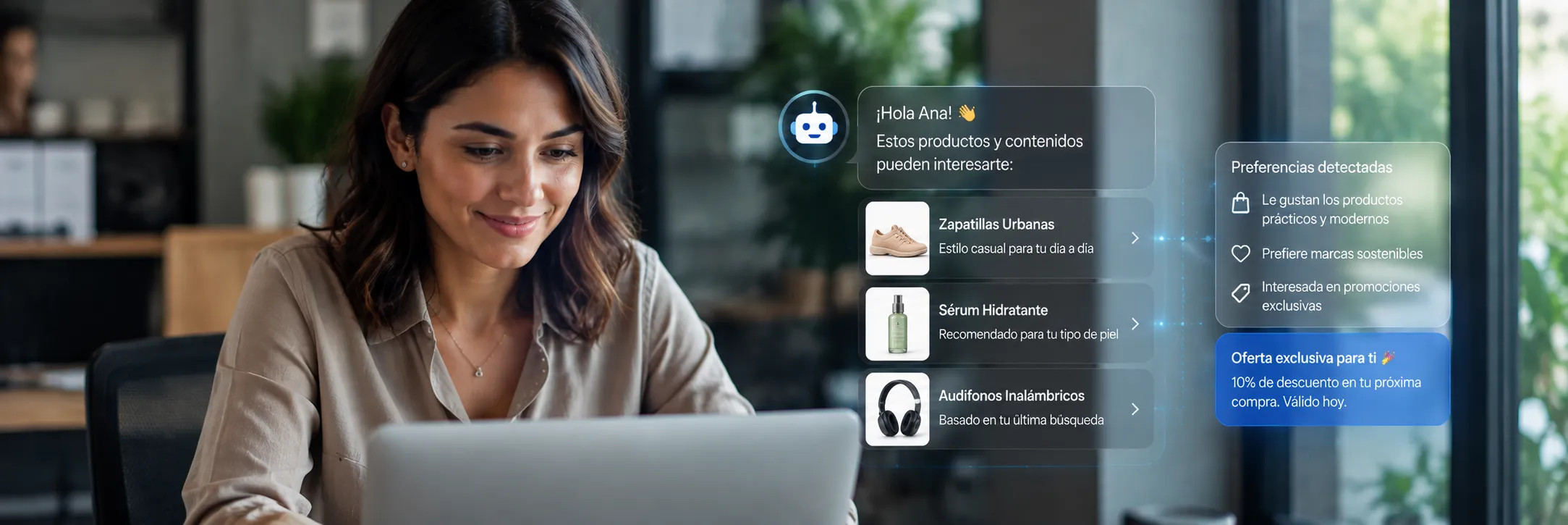 Profesional trabajando en su laptop junto a una interfaz de chat que muestra una conversación con un asistente de IA
