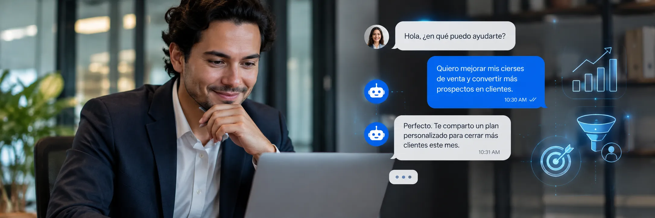 Profesional trabajando en su laptop junto a una interfaz de chat que muestra una conversación con un asistente de IA