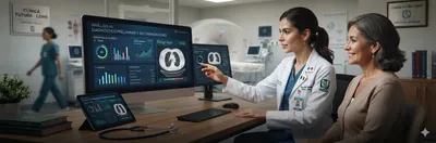 Profesional trabajando en su laptop junto a una interfaz de chat que muestra una conversación con un asistente de IA