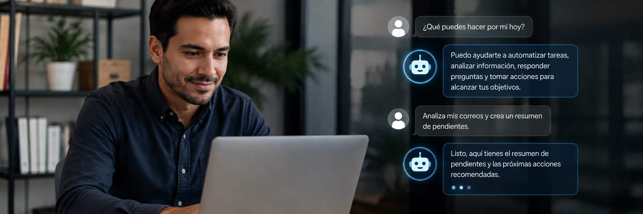 Profesional trabajando en su laptop junto a una interfaz de chat que muestra una conversación con un asistente de IA