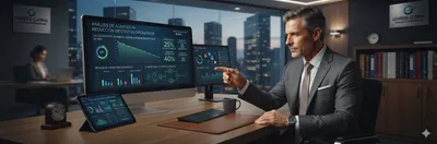 Profesional trabajando en su laptop junto a una interfaz de chat que muestra una conversación con un asistente de IA
